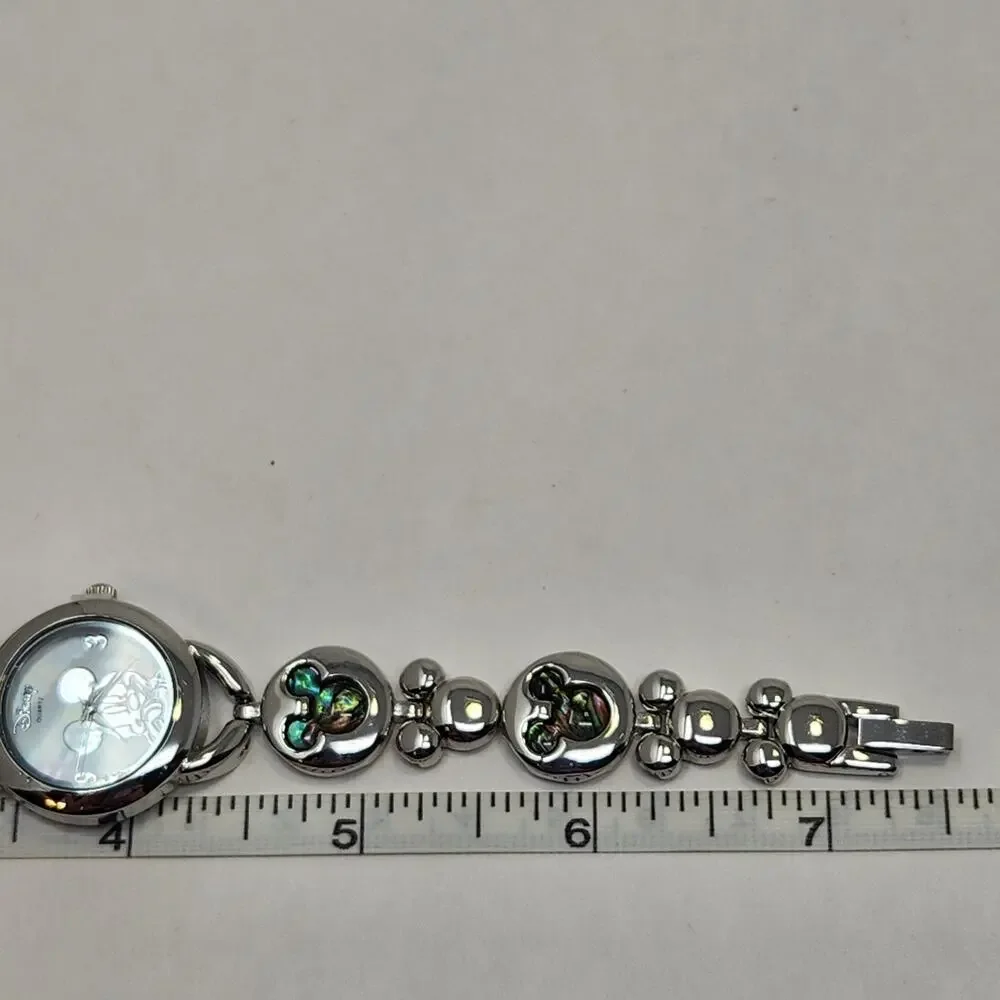 Disney Mickey Mouse Head Silver Tone Watch MOP Face Abalone Shell Inlay MK2006A